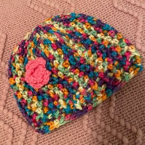 5 for $20-Infant multi-colored crocheted hat with rose embellishment. Like new.